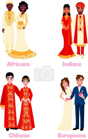 Téléchargez les illustrations : Mariage multiculturel Couples, illustration vectorielle colorée - en licence libre de droit