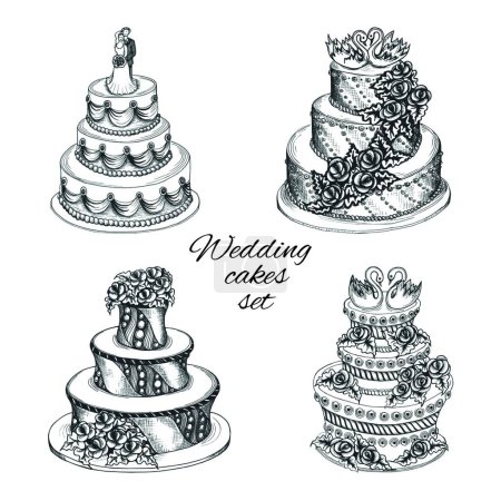 Téléchargez les illustrations : Ensemble de gâteaux de mariage, illustration vectorielle - en licence libre de droit