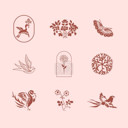 Ilustración de Flores y pájaros, ilustración vectorial colorido - Imagen libre de derechos