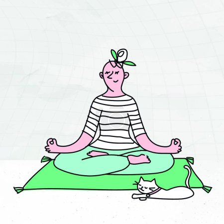 Illustration for Man meditating with cat at home - Royalty Free Image