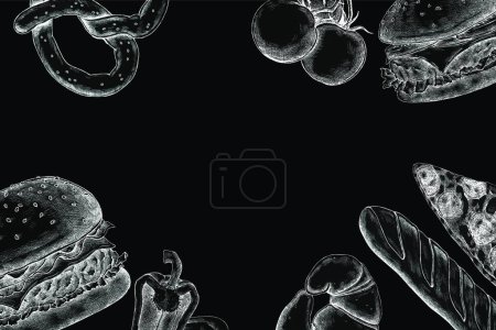 Illustration for Abstract background with white food icons on black background - Royalty Free Image