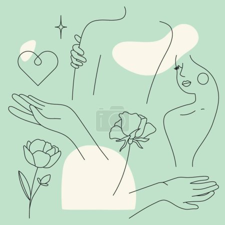 Téléchargez les illustrations : Dessin en ligne continue de la main de la femme tenant fleur en forme de coeur. concept d'amour et de romance. illustration vectorielle. - en licence libre de droit