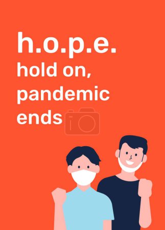 Téléchargez les illustrations : Deux personnes dans un masque médical tiennent à bout de pandémie - en licence libre de droit