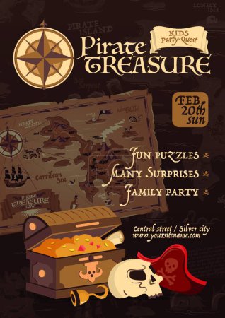Téléchargez les illustrations : Pirate Treasure Affiche, illustration vectorielle colorée - en licence libre de droit