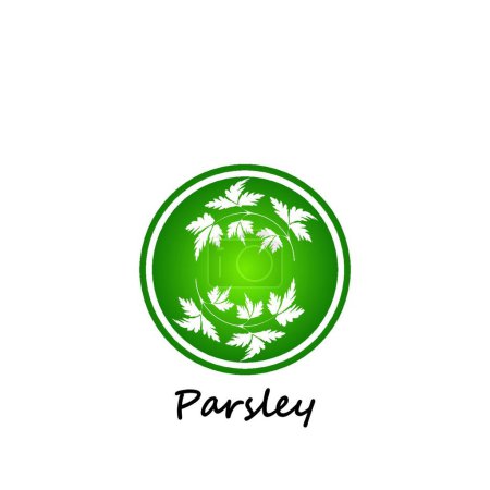 Illustration for "Green parsley twig, shoot, sprig. Icon Isolated on white. Logo for eco company, agriculture, nature firm, ecology, healthy organic and farm fresh food. Vector Illustration. kitchen herbs" - Royalty Free Image