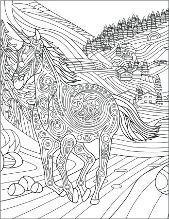 Photo for Unicorn Running Away Form Village With Large Trees Colorless Line Drawing. Mythical Horned Horse Runs Out Of Town With Forest Background Coloring Book Page - Royalty Free Image