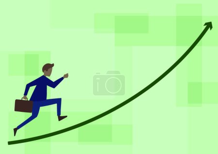 Photo for Businessman Drawing Running Upward Holding Briefcase With Arrow Pointing Up. Gentleman Design Sprinting Forward Holds Bag With Indicator Going Upwards. - Royalty Free Image