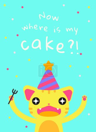 Téléchargez les illustrations : Mignon chat dessin animé avec une fourchette et demander où est gâteau d'anniversaire - en licence libre de droit