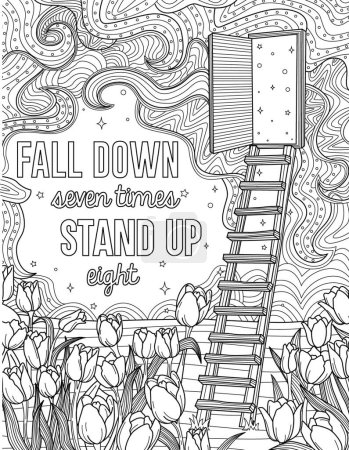 Photo for "Step Ladder Leading To An Opened Door With Stars Inside Beside A Field Of Flowers Colorless Line Drawing. Image Saying Fall Down Seven Times Stand Up Eight Coloring Book Page." - Royalty Free Image