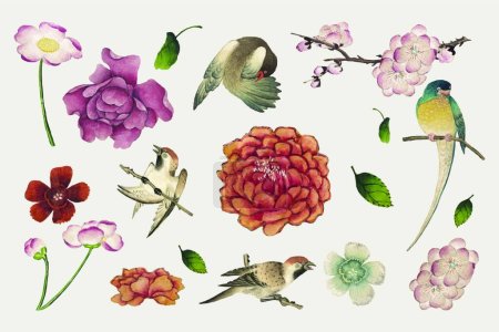 Illustration for Watercolor flowers and birds - Royalty Free Image