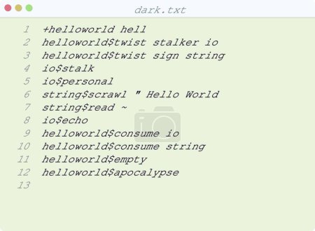 Téléchargez les illustrations : "dark language Hello World exemple de programme dans l'illustration de la fenêtre de l'éditeur" - en licence libre de droit