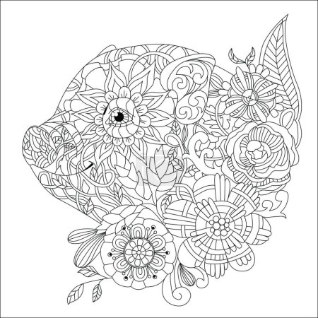 Illustration for Piggy with flowers coloring book for adults vector - Royalty Free Image