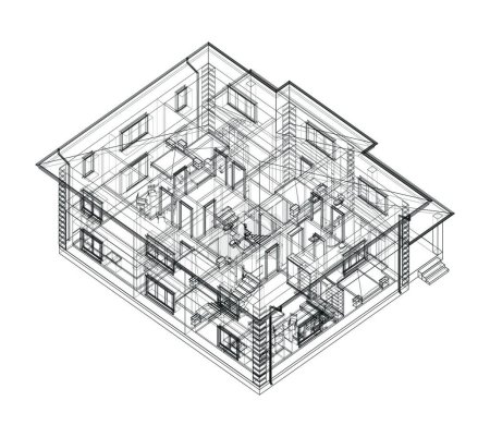 Téléchargez les illustrations : "Bâtiment résidentiel dessin technique. Vecteur" - en licence libre de droit
