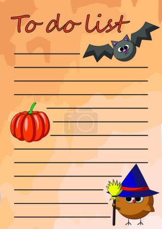 Ilustración de Cheeck Para hacer una lista con búho de halloween, calabaza y murciélago - Imagen libre de derechos