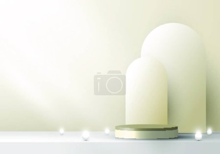 Illustration for "3D stage beige color podium pedestal and rounded backdrop with neon light minimal scene" - Royalty Free Image