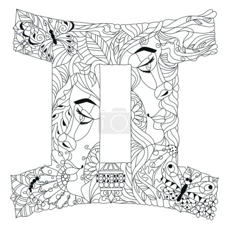 Illustration for "Gemini zodiac sign cute cartoon character retro zentangle stylized in vector" - Royalty Free Image
