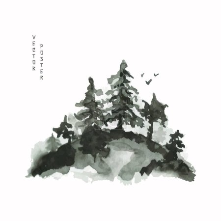 Téléchargez les illustrations : Forêt japonaise sur la montagne. Illustration vectorielle d'arbres aquarelles dans le brouillard et les oiseaux. Dessin dans le style japonais et chinois - en licence libre de droit