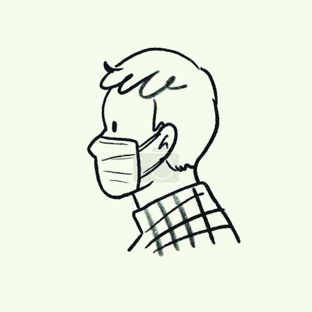 Téléchargez les illustrations : Vecteur dessin à la main personnage de dessin animé doodle d'un garçon portant un masque pour la protection. - en licence libre de droit