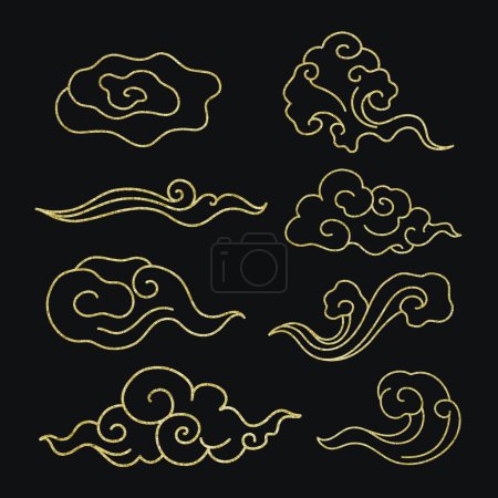 Téléchargez les illustrations : Oriental cloud sticker, gold Japanese design clipart vector collection - en licence libre de droit