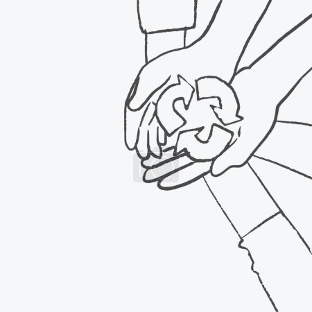 Ilustración de Dibujo continuo de una línea de dos personas sosteniendo flechas de reciclaje en las manos. - Imagen libre de derechos