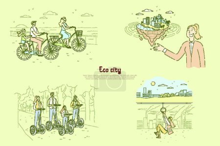 Photo for Family riding bicycles and electrical scooters outdoors, woman presenting environmentally friendly town model, change for future banner - Royalty Free Image