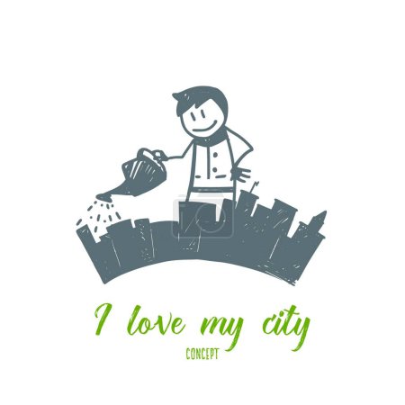 Illustration for Hand drawn man puring his city from watering can - Royalty Free Image