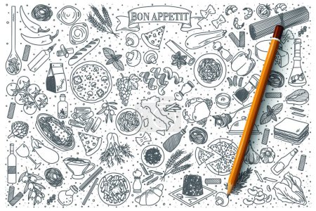 Téléchargez les illustrations : Ensemble vecteur de doodle alimentaire italien - en licence libre de droit