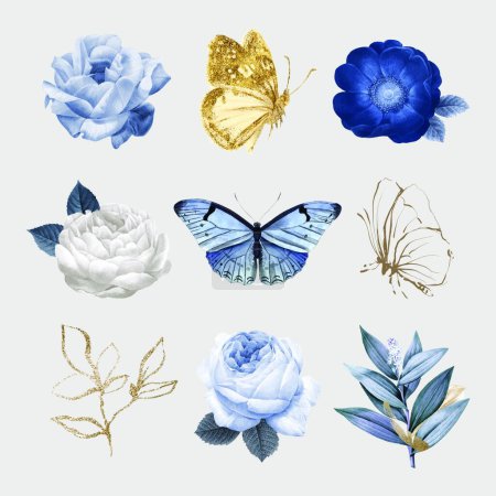 Téléchargez les illustrations : Ensemble de fleurs et de papillons - en licence libre de droit