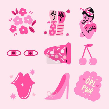 Téléchargez les illustrations : Ensemble de lèvres roses et autocollants féminins - en licence libre de droit