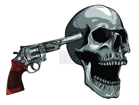 Ilustración de "cráneo apuntando con ilustración vectorial revólver" - Imagen libre de derechos