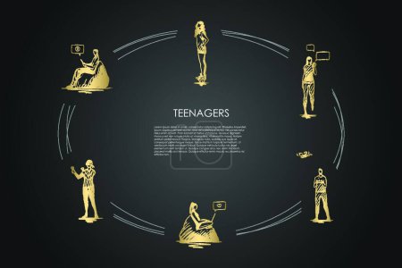 Téléchargez les illustrations : Adolescents - filles et garçons jouant avec des appareils modernes, communiquant et chevauchant ensemble vectoriel segway concept - en licence libre de droit