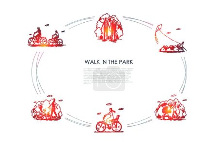 Photo for Walk in the park - people riding bicycles, walking with baby carriage, flying kites, walking dog vector concept set - Royalty Free Image
