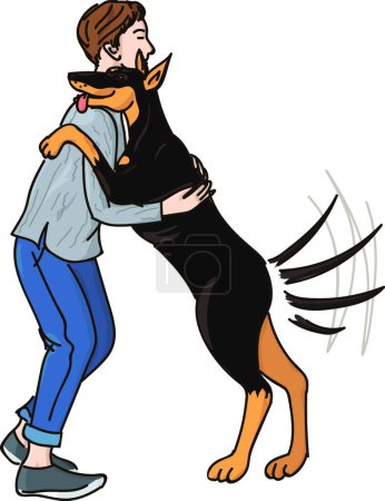 Téléchargez les illustrations : Happy dog hugs owner. Doberman breed. - en licence libre de droit