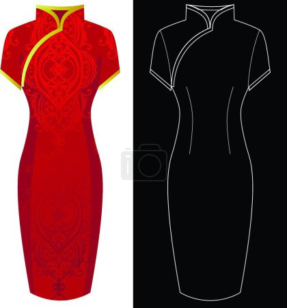 Illustration for "Cheongsam dress image with white outline silhouette on black" - Royalty Free Image