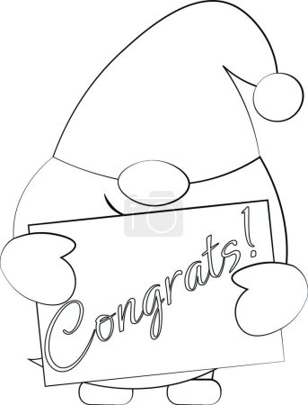 Illustration for Little greeting Gnome with congrats. Draw illustration in black and white - Royalty Free Image