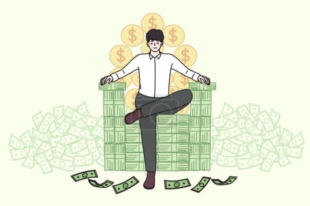 Ilustración de Feliz hombre de negocios sentarse en la silla pila de dinero - Imagen libre de derechos