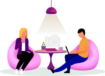 Illustration for Colleagues, co workers have rest, break flat illustration. Coworkers, employees at lounge zone. Office workers, managers drinking tea, talking cartoon isolated characters. Programmers, designers - Royalty Free Image