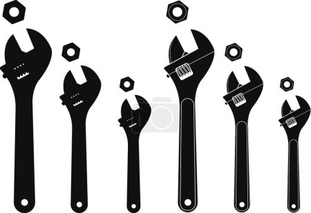 Illustration for "Set of mechanical wrenches with nuts. Silhouettes" - Royalty Free Image