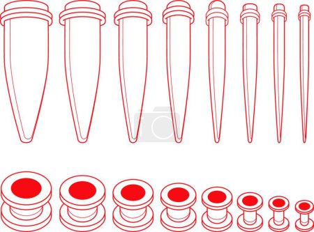Ilustración de Conjunto de túneles auditivos y kit de iniciadores cónicos. Icono de contorno para web, ilustración vectorial - Imagen libre de derechos
