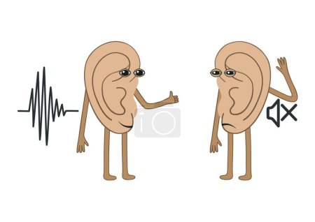 Ilustración de Oídos humanos, uno de los cuales ha perdido la audición. Caricatura - Imagen libre de derechos