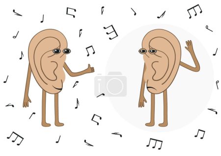 Ilustración de Los oídos humanos escuchan música, uno de los cuales es sordo. Caricatura. - Imagen libre de derechos