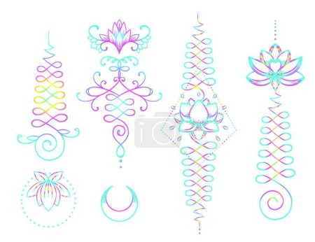 Illustration for "Lotus and Sacred Geometry. Unamole hindu symbol of wisdom and path to perfection. Set of tattoo flesh, yoga logo, Buddhism design. Isolated vector illustration set" - Royalty Free Image