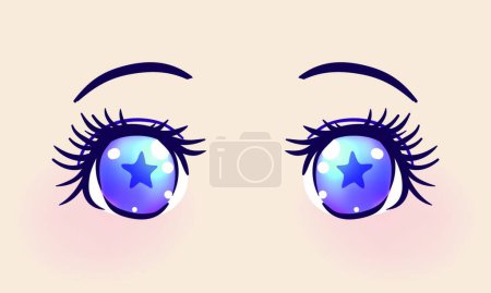 Illustration for Colorful beautiful eyes in anime (manga) style with shiny light reflections. Bright vector illustration isolated. Emotions: expression of sadness. Pastel goth colors. - Royalty Free Image