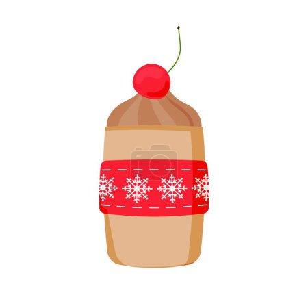 Illustration for "A mug of coffee with cream and cherries for the holiday of Christmas. A Christmas mug of hot chocolate or a winter cup of cappuccino and latte. Vector illustration, icon, flat style." - Royalty Free Image