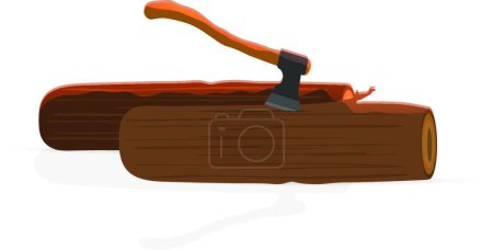 Illustration for "Vector illustration of wooden logs isolated on white background. A big ax sticks out in a tree." - Royalty Free Image