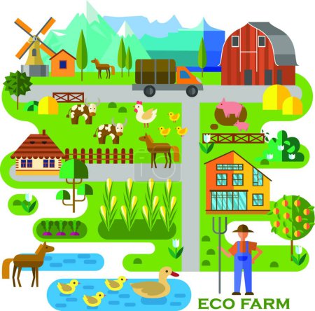 Téléchargez les illustrations : Illustration vectorielle moderne de ferme écologique - en licence libre de droit