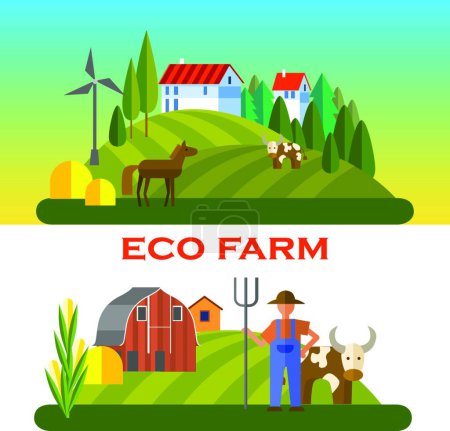 Téléchargez les illustrations : Ensemble de bannières vectorielles pour l'agriculture et les animaux. ferme écologique - en licence libre de droit