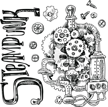Téléchargez les illustrations : "croquis mécanisme steampunk "illustration vectorielle - en licence libre de droit