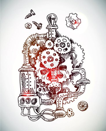 Téléchargez les illustrations : "croquis mécanisme steampunk "illustration vectorielle - en licence libre de droit
