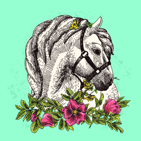 Téléchargez les illustrations : Cheval avec des fleurs illustration vectorielle - en licence libre de droit
